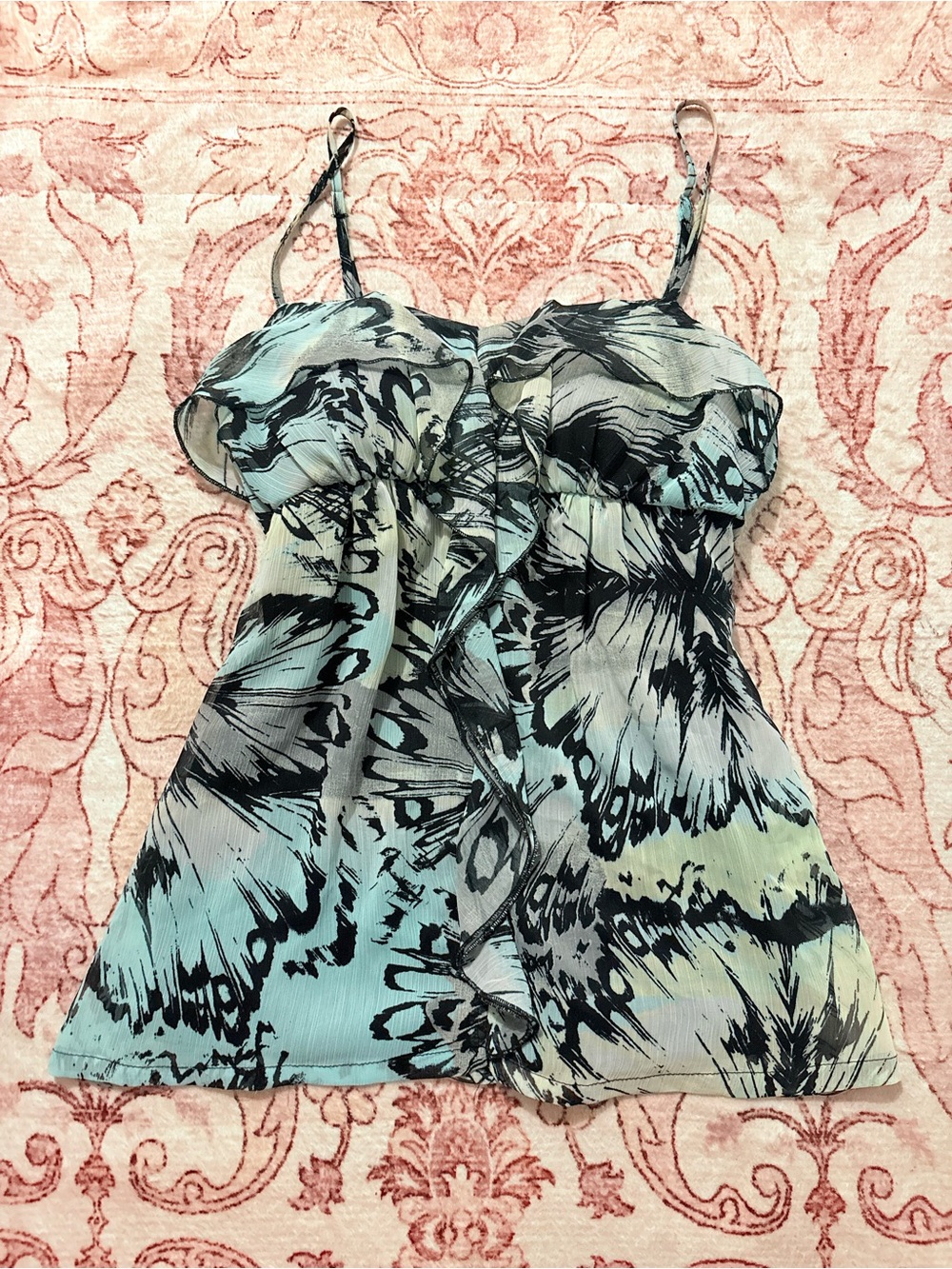 Takara Mint and Black Butterfly-Print Ruffle Camisole